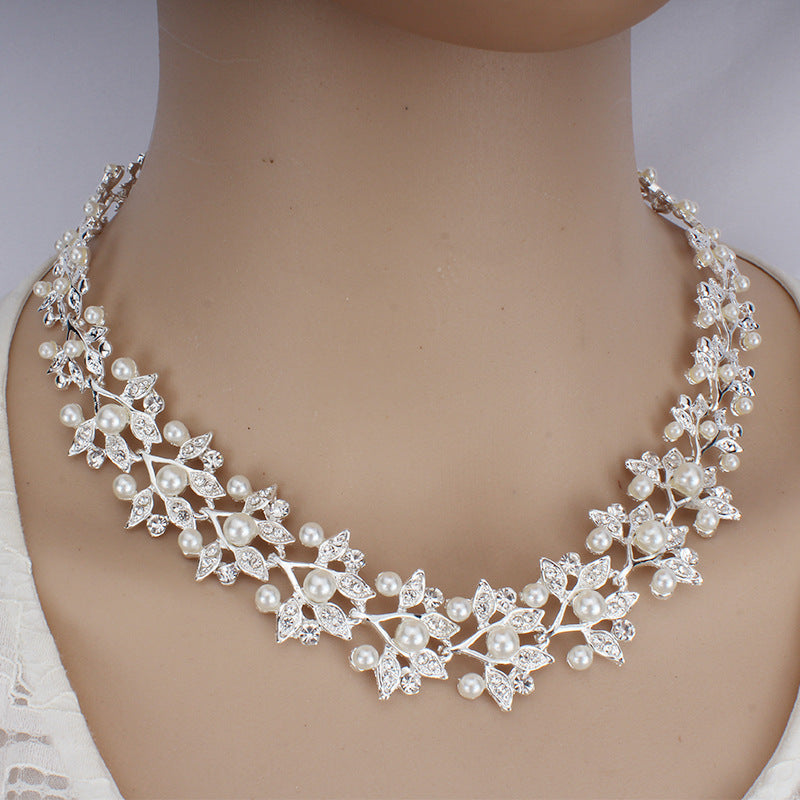 Bridal Pearl Necklace with White Gemstone Accents