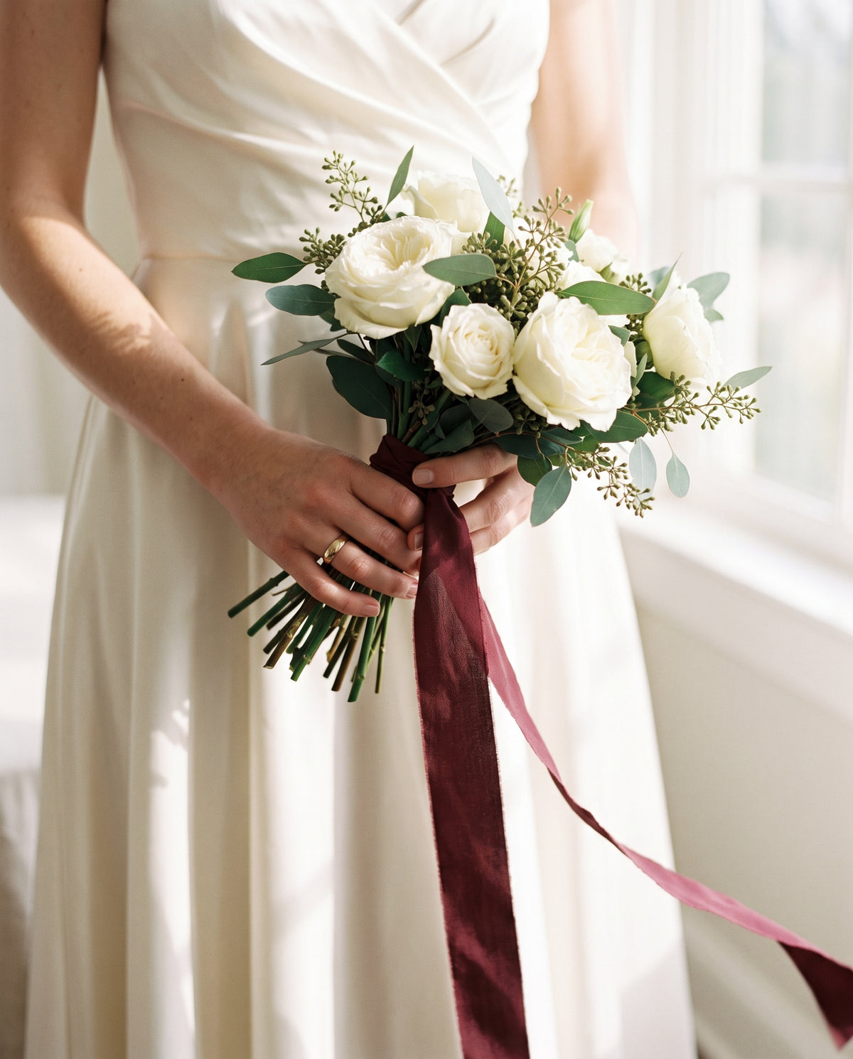 Bruid met een boeket witte rozen en een bordeauxrood lint
