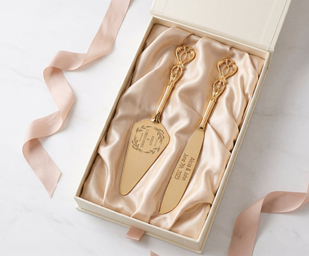 Gouden taartmes en taartschep met gravure in een crèmekleurige cadeaudoos met satijn